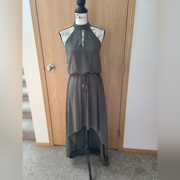 City Studio Dresses & Skirts - City Studio Olive Green Tie Waist High Neck Halter Keyhole High Low Dress